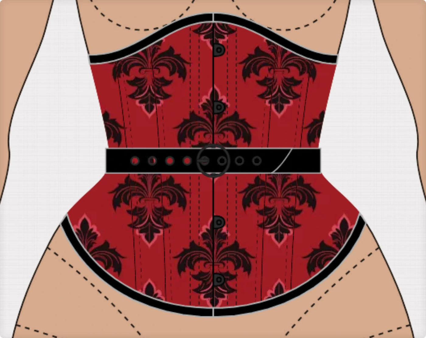 Printed cotton underbust corset with busk, fan lacing and contrasting accents — the original hand-drawn design