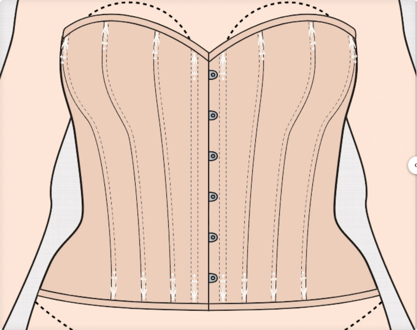 Glossy satin overbust corset with busk and flossing — the original hand-drawn design