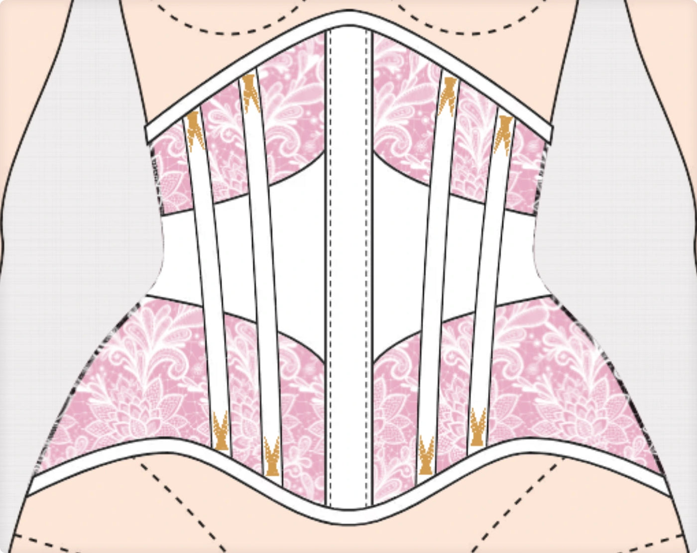 Dupioni satin underbust corset with solid front, butterfly lacing, contrasting accents, flossing and lace overlay — the original hand-drawn design
