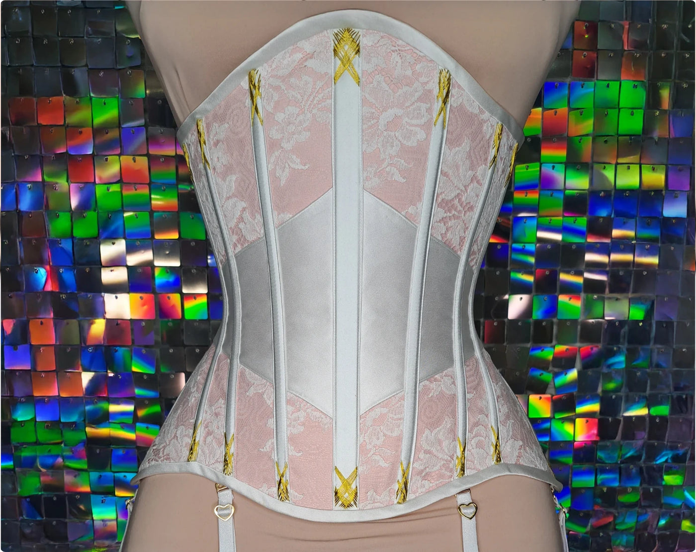 Dupioni satin underbust corset with solid front, butterfly lacing, contrasting accents, flossing and lace overlay — the finished corset