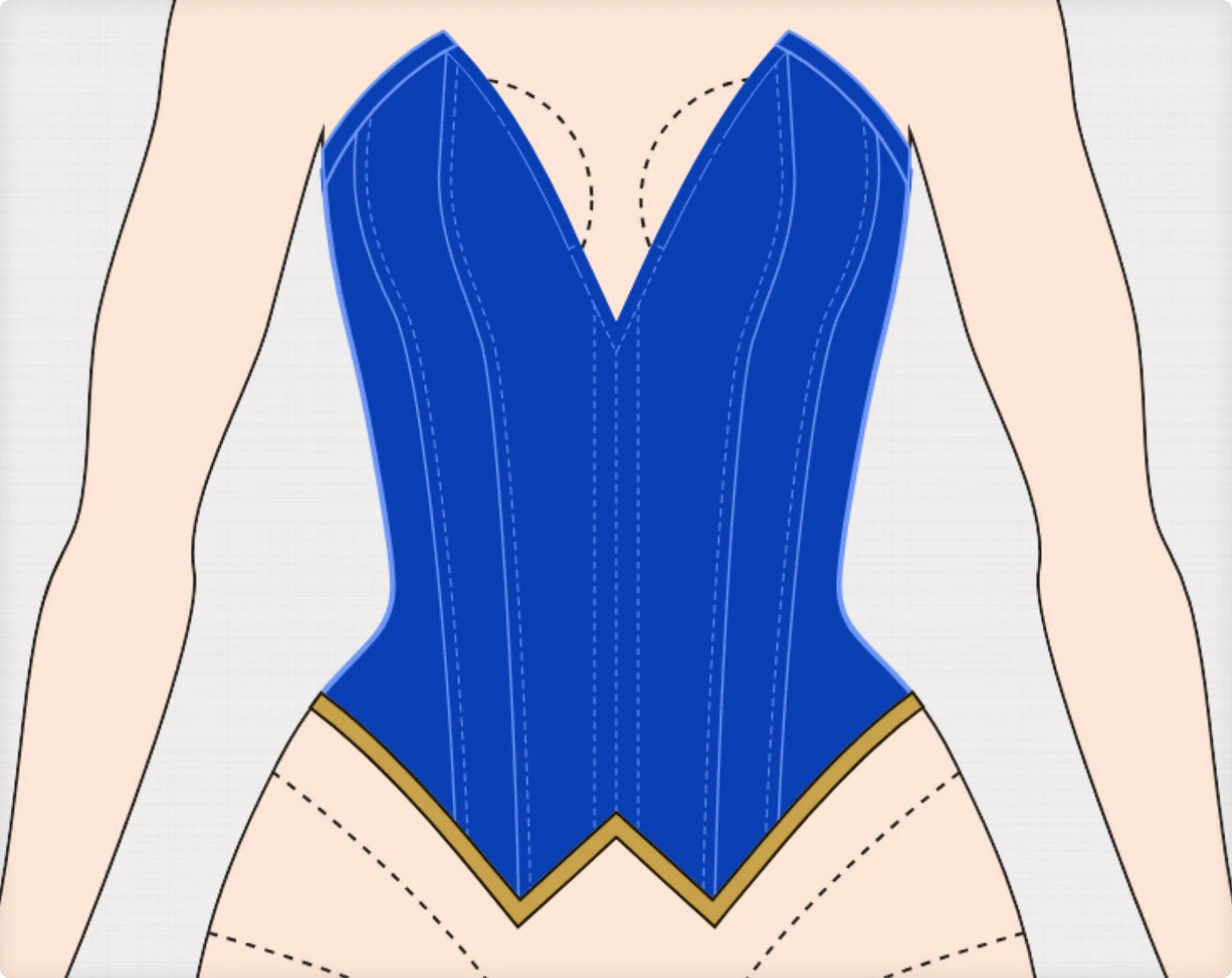 Glossy satin overbust corset with solid front — the original hand-drawn design