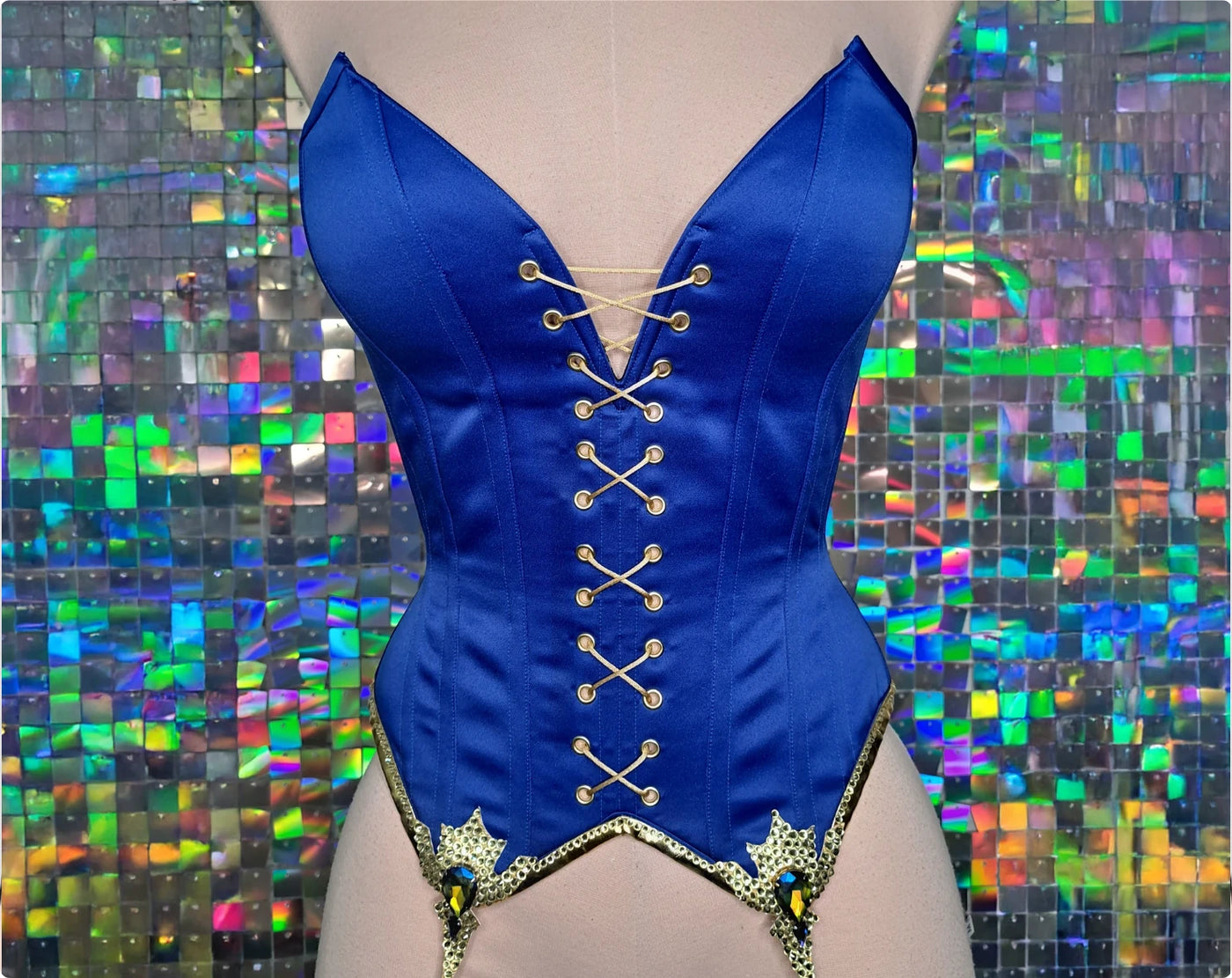 Glossy satin overbust corset with solid front — the finished corset